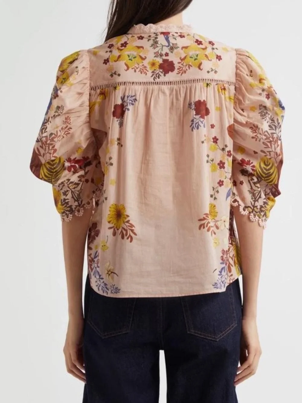 FARM RIO Beauty Bouquet Cotton Puff Sleeve Top Pink Floral Pattern size XS